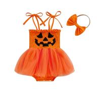 Qtinghua Baby Girl Halloween Outfit Set Turkey/Pumpkin Tulle Romper with Bow Headband Festive Halloween Costume for Infants/Toddlers (Orange, 3-6 Months)