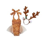 Qtinghua Baby Girl My First Christmas Outfit Reindeer Costume Bodysuit Halter Backless Tutu Tulle Romper with Headband Cute 2pcs Set Photo Props (Khaki, 9-12 Months)
