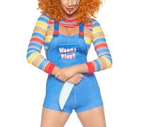 Qtinghua Halloween Costumes for Women Scary Nightmare Killer Doll Wanna Play Movie Character Bodysuit Chucky Doll Cosplay Costume Set (Blue A, M)