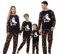 Qtinghua Halloween Family Pyjamas Set Glow in The Dark Ghost Print Matching PJs for Women Men Kids Baby Cosy Long Sleeve Sleepwear (Men, M, A Black)