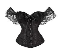 Qtinghua Lace Sleeve Corset Top for Women Adjustable Lace Up Bustier Shaping Underbust Sexy Off Shoulder Bustier Lingerie Top (Black, 2XL)