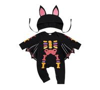 Qtinghua Newborn Baby Boys Girls My 1st Halloween Bat Skeleton Costume Set 3D Wing Onesie and Adjustable Ear Hat 0-24 Months Infant Festive Fancy Dress Outfit (B Black, 3-6 Months)