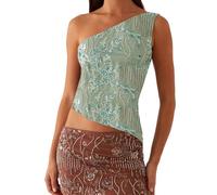 Qtinghua Sequin Sparkle Crop Tops for Women Sexy One Shoulder Asymmetrical Backless Tank Top Y2k Glitter Beaded Rhinestone Slim Shirt (Green, M)