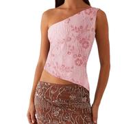 Qtinghua Sequin Sparkle Crop Tops for Women Sexy One Shoulder Asymmetrical Backless Tank Top Y2k Glitter Beaded Rhinestone Slim Shirt (Pink, S)