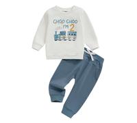 Qtinghua Toddler Baby Boy 2nd Birthday Outfit Choo Choo I'm Two Train Sweatshirt Long Sleeve Pullover Top with Elastic Waist Striped Pants Set (White, 2-3 Years)