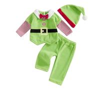 Qtinghua Toddler Girls Boys Christmas Outfits Belt Print Buttons Patchwork Long Sleeve Tops Long Pants Santa Hat 3Pcs Fall Clothes Set (J Green, 6-12 Months)