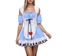 Qtinghua Women Halloween Maid Servant Costume Contrast Color Hearts and Spades Pattern Cold Shoulder Cute Mini Dress for Cosplay Party (Sky Blue, L)