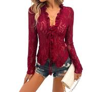 Qtinghua Women Lace Mesh Crop Top Blouse Sexy Sheer V-Neck Long Sleeve See-Through Open Tie-Front Shirt with Ruffle for Women (Red, S)