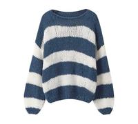 Qtinghua Women Striped Jumper Oversized Knitted Sweater Ladies Long Sleeve Crew Neck Knitwear Cute Autumn Winter Pullover Top Streetwear (Blue, L)