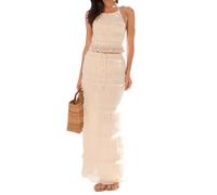 Qtinghua Women Y2k Maxi Skirt Set Sleeveless Backless Halter Neck Tie-Up Tank Top Pleated Flowy Long Skirt Sets Beach Cocktail Dress 2 PCS Outfit (B White, L)
