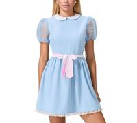 Qtinghua Women's Alice in Wonderland Inspired Dress Peter Pan Collar Puff Sleeve Mini Dress Teen Girl's Sheer Party Dresses with Bow Belt for Cosplay Halloween Casual Wear (Mixed Color, S)