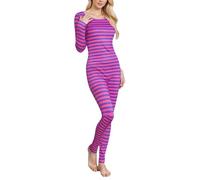 Qtinghua Women's Cheshire Cat Costume Striped Long Sleeve Jumpsuit Pajama Sexy Cheshire Cat Bodysuit Outfit Halloween Carnival Cosplay Clothes (Fuchsia, S)