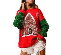 Qtinghua Women's Christmas Santa Sequin Sweatshirt Cute Oversized Festive Jumper with Long Sleeves Crew Neck for Party Xmas (Red, XL)