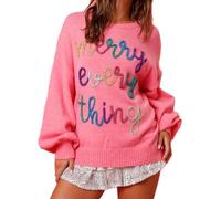 Qtinghua Women's Christmas Sweater Autumn Winter Long Sleeve Crew Neck Oversized Merry Everything Embroidered Knitted Jumper Tops Festive Holiday Pullover (A Pink, S)