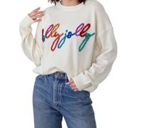 Qtinghua Women's Christmas Sweater Autumn Winter Long Sleeve Crew Neck Oversized Merry Everything Embroidered Knitted Jumper Tops Festive Holiday Pullover (C Milky White, M)