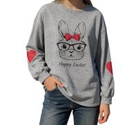 Qtinghua Womens Easter Long Sleeve Bunny Sweatshirt Cute Rabbit Print Round Neck Oversized Blouse Pullover Spring Casual Loose Tops Streetwear (Grey, L)