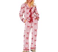 Qtinghua Women's Sweet Style Pyjama Set Red White Stripes Pink Heart Print Pyjamas with Bow Tie Cute Womens Pyjamas UK Sizes S-XL (Red, S)
