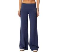 Qtinghua Womens Y2k Flare Leggings Fold Over Yoga Pants Wide Leg Beach Trousers Foldover Waist Bootcut Sweatpants Bell Bottom (Blue, S)