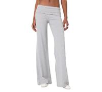 Qtinghua Womens Y2k Flare Leggings Fold Over Yoga Pants Wide Leg Beach Trousers Foldover Waist Bootcut Sweatpants Bell Bottom (Grey, L)