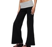 Qtinghua Womens Y2k Flare Leggings Fold Over Yoga Pants Wide Leg Beach Trousers Foldover Waist Bootcut Sweatpants Bell Bottom (B Black, M)