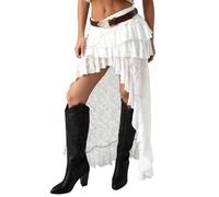 Qtinghua Women's Y2K Lace Maxi Skirt Tiered Layered High Low Long Skirts Boho Asymmetrical Hem A Line Ruffle Skirt Streetwear (White, S)