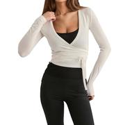 Qtinghua Women's Y2k Long Sleeve Deep V-Neck Crossover Wrap Sports Top Front Tie Slim Fitted Workout Pilates Ballet Yoga Gym T Shirt Blouses Sports Tops (White, L)
