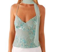 Qtinghua Womens Y2k Sequin Halter Crop Top with Neck Scarf Sexy Backless Pearl Embellished Beaded Cami Party Going Out Camisoles Tops Streetwear (Green, L)