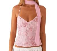 Qtinghua Womens Y2k Sequin Halter Crop Top with Neck Scarf Sexy Backless Pearl Embellished Beaded Cami Party Going Out Camisoles Tops Streetwear (Pink, S)