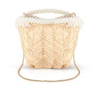 QTKJ Fashion Women Summer Straw Crossbody Bag, Hand-Woven Beach Shoulder Bag with White Pearls, Metal Chain Shoulder Srap Handle Tote Bag (Beige)