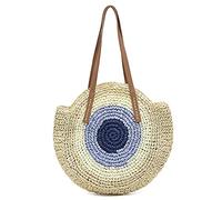 QTKJ Hand-Woven Simple Round Large Soft Straw Bag for Women, Boho Color Matching Summer Beach Women Shoulder Bag Travel Straw Bag (Beige), Blue, Beige, Khaki, 18.11''x 27.55''