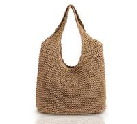 QTKJ Hand-woven Soft Large Straw Shoulder Bag Boho Straw Handle Tote Retro Summer Beach Bag Rattan Handbag (Khaki)