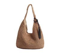 QTKJ Hand-woven Soft Large Straw Shoulder Bag with Black Tassels Boho Straw Handle Tote Retro Summer Beach Bag Rattan Handbag, Brown