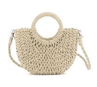 QTKJ Mini Semi-circle Rattan Straw Bag, Hand-woven Women Summer Retro Beach Tote Shoulder Bag Crossbody Travel Beach Bag, White, 6.29''x 9.84''