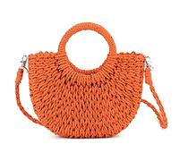 QTKJ Mini Semi-circle Rattan Straw Bag, Hand-woven Women Summer Retro Beach Tote Shoulder Bag Crossbody Travel Beach Bag, Orange, 6.29''x 9.84''