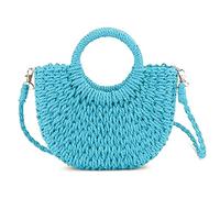 QTKJ Mini Semi-circle Rattan Straw Handbags, Hand-woven Women Summer Retro Straw Tote Bag Shoulder Bag Crossbody Bag Handle, Blue
