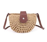 QTKJ Semi-circle Rattan Summer Retro Zip Straw Bag Hand-woven Boho Beach Shoulder Bag Crossbody Bag with Leather Shoulder Strap Khaki 9.8''x 7.0''