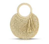 QTKJ Straw Bag, Tote Bag for Women, Round Hand-Woven Bag Beach Bag with Tassel Pendant, Summer Handbag Suitable for Vacation, Daily Matching, Travel Bag (Beige)