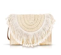 QTKJ Straw Clutch Purses, Crossbody Bags for Women, Bohemian Tassel HandMade Woven Envelope Package, Handbags for Women Vacation, Travel, Beach (Beige), Beige