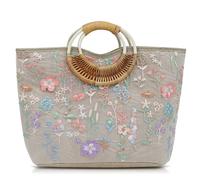 QTKJ Tote Bag for Women, Beach Bag, Sequin Embroidery Straw Bag, Hand-Woven Rounded Bamboo Handle, Bohemian Handbag Large Capacity Shoulder Bag Suitable for Travel Daily(Styles 577
