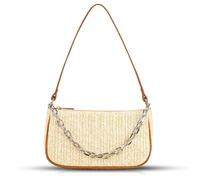 QTKJ Women's Beige Bohemian Straw Hobo Handbag, 13.4''X9.3'' Crescent Shape, 122.72 Cubic Inches, Chain Handle, Zipper Closure, Summer Travel Beach Bag