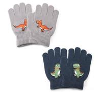 QTMMC 2 Pairs Kids Gloves Knit Winter Thermal Children'S Magic Gloves Dinosaurs Pattern Full Fingers Knitted Thermal Gloves Stretch Soft Warm Mittens for Boys Girls Ages 4-11 Years, Navy and Gray