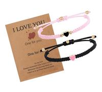 QTMMC 2pcs Matching Bracelets for Couples Heart Handmade Cord Bracelet Friendship Bracelet Rope Plain Best Friend Long Distance Gift for Boyfriend Girlfriend Sister Kids Lovers, Pink and Black