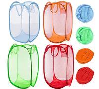 Qtopun Mesh Popup Laundry Hamper, 4 Pack Foldable Portable Dirty Clothes Basket for Bedroom, Kids Room, College Dormitory and Travel (Red,Orange,Green, Light blue)