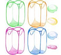 Qtopun Mesh Popup Laundry Hamper, 4 Pack Foldable Portable Dirty Clothes Basket for Bedroom, Kids Room, College Dormitory and Travel (White Body with Pink,Yellow,Green,Light Blue)