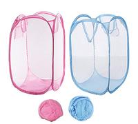 Qtopun Mesh Popup Laundry Hamper, Foldable 2 Pack Portable Dirty Clothes Basket Collapsible Dirty Clothes Hamper for Bedroom, Kids Room, College Dormitory and Travel (Light Blue+Pink)