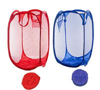 Qtopun Mesh Popup Laundry Hamper, Foldable 2 Pack Portable Dirty Clothes Basket Collapsible Dirty Clothes Hamper for Bedroom, Kids Room, College Dormitory and Travel (Dark Blue+Red)