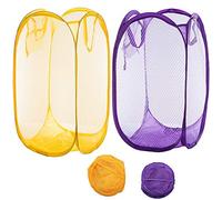 Qtopun Mesh Popup Laundry Hamper, Foldable 2 Pack Portable Dirty Clothes Basket Collapsible Dirty Clothes Hamper for Bedroom, Kids Room, College Dormitory and Travel (Yellow+Purple)