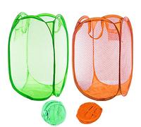 Qtopun Mesh Popup Laundry Hamper, Foldable 2 Pack Portable Dirty Clothes Basket Collapsible Hamper for Bedroom, Kids Room, College Dormitory and Travel (Green+Orange),12.6 inch 12.6inch * 20.5inch