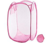 Qtopun Mesh Popup Laundry Hamper Foldable Laundry Basket Portable Dirty Clothes Basket Collapsible Dirty Clothes Hamper for Bedroom, Kids Room, College Dormitory and Travel (Pink)