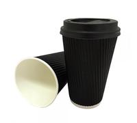 QTPack 25 16oz Black Triple Walled Kraft Ripple Paper Cups with Matching Lids | Disposable Eco Friendly Recyclable | Suitable for Coffee Tea Hot Drinks